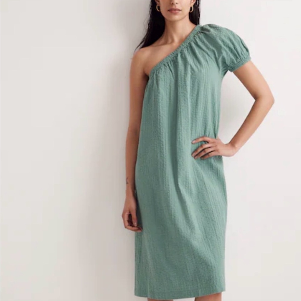 Madewell One-Shoulder Puff Sleeve Dress in Sage Green
